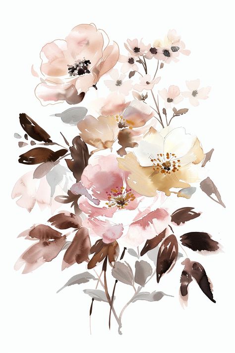 Loose Watercolor Floral Bouquet Peas Garden, Bouquet With Peonies, Loose Watercolor Paintings, Inspirational Digital Art, Brown Leaves, Watercolor Bouquet, Loose Watercolor, Sweet Peas, Dusky Pink