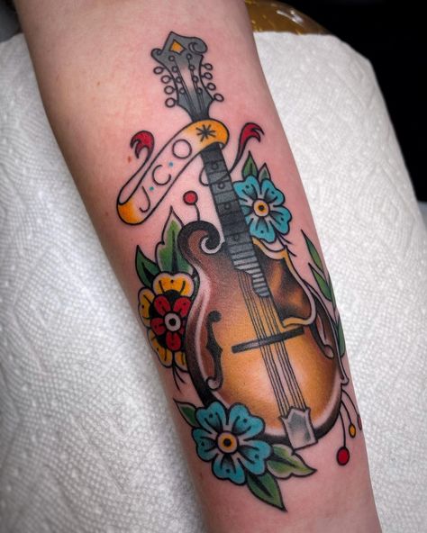 Banjo Tattoo Ideas, Mandolin Tattoo, Banjo Tattoos Simple, Mandolin Tattoo Designs, Guitar With Flowers Tattoo, Rockabilly Sleeve Tattoos For Women, Guitar Tattoo, Tattoo Women, Guitar Lovers