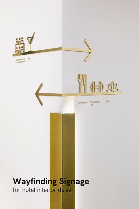 Gold Metal Wayfinding Signage for hotel amenities navigation in a sleek, modern font