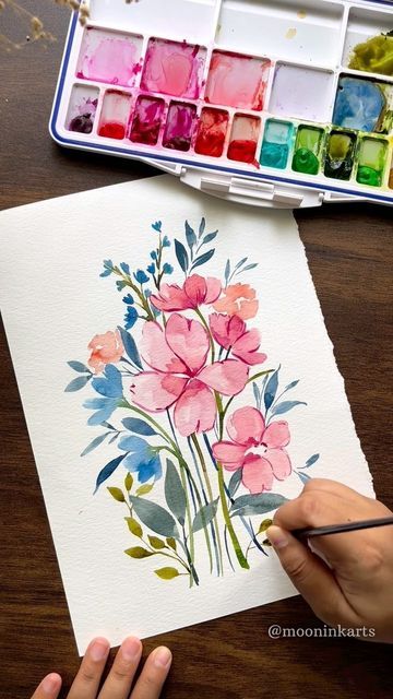 Watercolour Flowers Simple, Watercolor Koi Fish, Free Watercolor Flowers, Simple Bouquet, Basic Watercolor, Flowers Simple, Watercolor Art Journal, Watercolor Gouache, Watercolor Flowers Tutorial