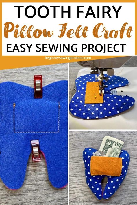 Beginner Sewing Projects Learning, Tooth Template, Tooth Fairy Pillow Diy, Easy Felt Crafts, Tooth Pillow, Projects For Adults, Craft Easy, Pillow Crafts, Beginner Sewing