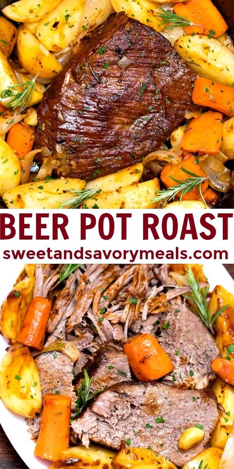 Beer Pot Roast is made with tender beef, braised with beer and roasted for hours with fresh herbs and root vegetables. #potroast #beerpotroast #beefrecipes #sweetandsavorymeals #dutchoven Beer Pot Roast, Pot Roast Video, Balsamic Pot Roast, Pot Roast Crock Pot Recipes, Pot Roast Recipe, Savory Meals, Crockpot Roast, Balsamic Reduction, Roast Recipe