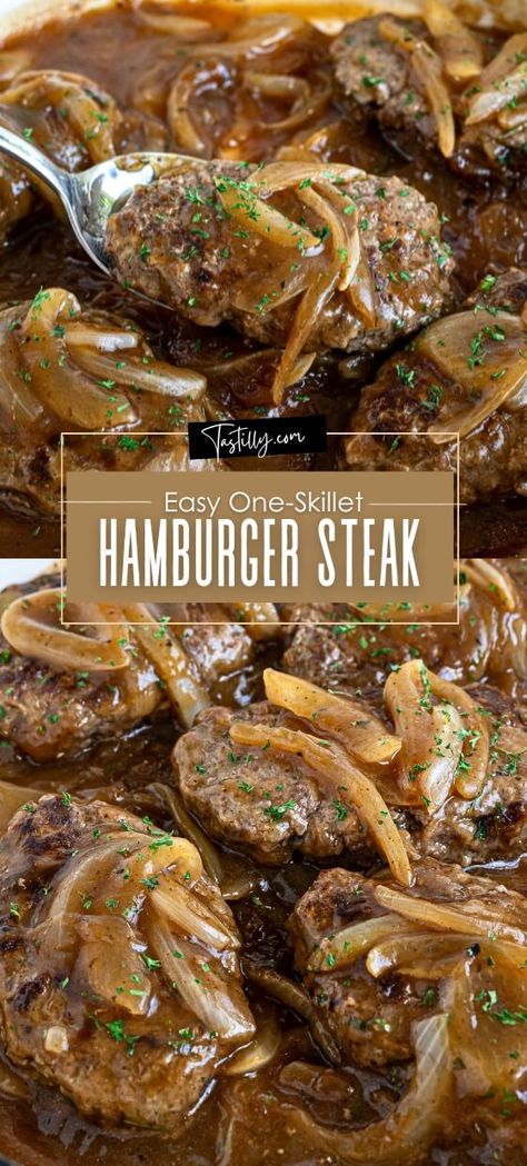 Quick and easy One-Skillet Hamburger Steak with a rich brown gravy. Perfect for a flavorful weeknight meal! Healthy Hamburger Steak Recipes, Chop Meat Meals Ground Beef, Chopped Steak And Gravy, Hamburger Steaks With Brown Gravy, Brown Gravy Mix Recipe, Hamburger Steak With Brown Gravy, Smoked Hamburgers, Hamburger Steak Recipes, Hamburger Steak And Gravy