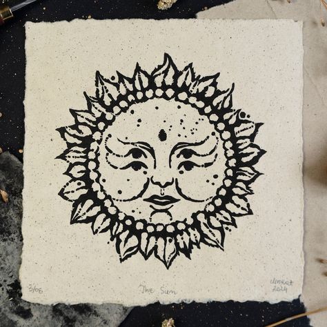 Vintage style linocut print Woodcut Sun Tattoo, Sun Linocut, Woodcut Moon Tattoo, Sun Lino Print, Witchy Linocut, Woodcut Design, Vintage Moon, Medieval Style, Relief Printing