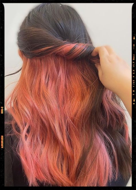 Hair Color Idea - Peekaboo Hair Peach Underdye Hair, Coral Peekaboo Hair, Pink Peekaboo Hair Brown, Peakaboo Dye Curly Hair, Panels Of Color In Hair, Peak A Boo Pink Hair Color, Picaboo Hair Color, Unique Haircolors, Hair Dye Peekaboo