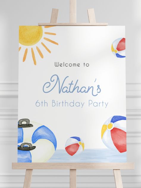 Editable Pool Birthday Party Welcome Sign DIGITAL DOWNLOAD DEMO LINK- Try before you buy! Copy & Paste link into your browser ►https://www.corjl.com/d/P33GD Edit using your computer, laptop or phone, no software required! ►Find more Pool Party themed items here: https://www.etsy.com/shop/MerryPartyPrintables?search_query=pool Matching items shown in this listing are SOLD SEPARATELY. Party Welcome Sign, Pool Party Decorations, Pool Birthday, Summer Birthday Party, Pool Birthday Party, Fourth Birthday, Summer Birthday, 6th Birthday Parties, B Day