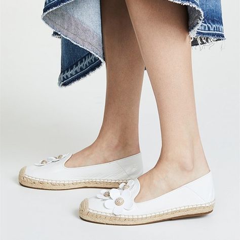 White Espadrille Round Toe Comfortable Flats with Rhinestone Flowers for Work, Formal event, School, Date, Going out, Honeymoon | FSJ White Espadrilles, Espadrille Flats, Work Formal, Custom Boots, Loafers Shoes, Rhinestone Flower, Comfortable Flats, Comfortable Heels, Cozy Fits