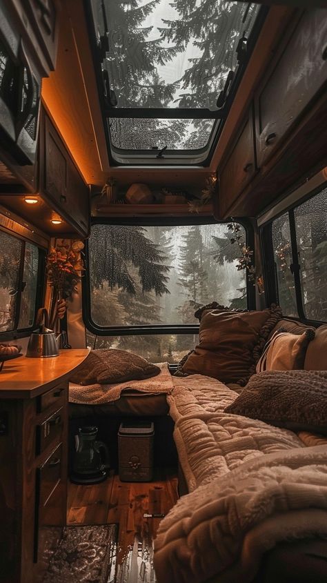 Bus Living Aesthetic, Camper Van Interior Design, Rv Astethic, Bus Life Aesthetic, Rv Life Aesthetic, Boho Van Life, Vanlife Aesthetic, Cozy Van, Van Life Aesthetic