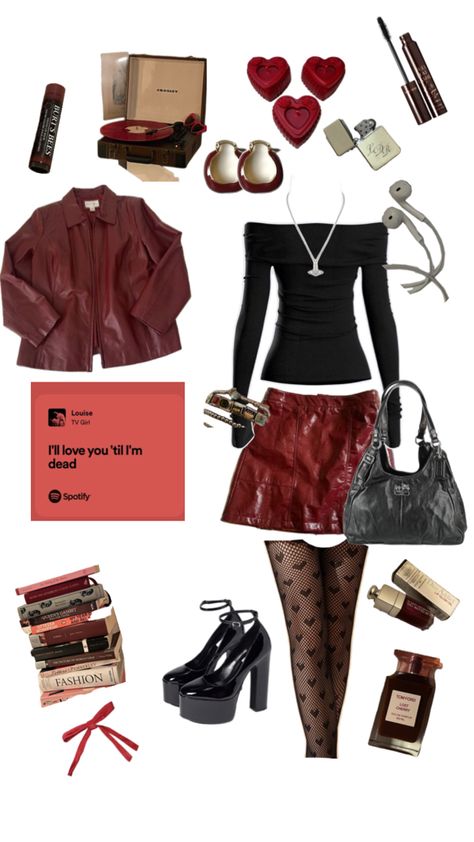 tv girl, french exit, tv girl outfit, aesthetic, outfit inspo, black and red, leather jacket, inspiration, louise Tv Girl French Exit, Tv Girl Concert, Jacket Inspiration, French Exit, Red And Black Outfits, Tv Girl, Red Fits, Concert Fits, Tv Girls