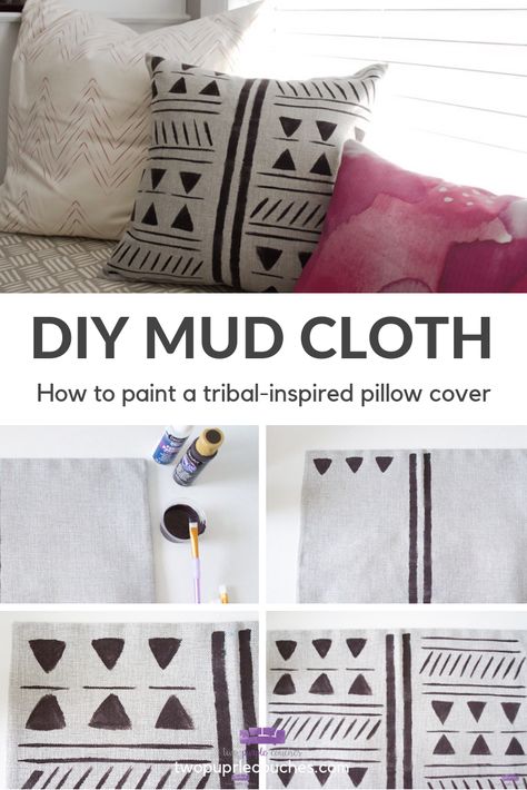 TUTORIAL: DIY Mud Cloth Pillow Cover. Learn how to make your own African mud cloth style throw pillow with paint! I partnered with DecoArt to create this painted pillow cover. Thanks to DecoArt for providing the paint and fabric medium for this project. #ad #mudcloth #mudclothprojects #pillows #pillowcases #bohostyle #diypillow #diypillowcover #diyhomedecor #diyboho Diy Mud Cloth, Purple Couch, Diy Throw Pillows, Diy Pillow Covers, Pillow Projects, Watercolor Pillows, Mudcloth Pillow, Throw Pillow Styling, African Mud Cloth