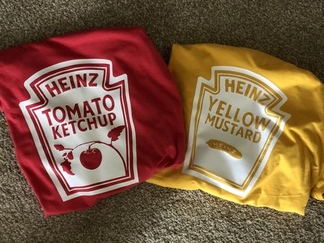 Heinz Ketchup and Mustard Halloween costumes. Made with a cricut with Siser iron on white vyinl.  #cricut #halloween  #craft #ironon #vyinl #ketchup #mustard #costume Ketchup Halloween Costume, Cricut Costumes Diy, Ketchup Mustard Costume, Ketchup And Mustard Costumes Diy, Diy Ketchup Costume, Mustard And Ketchup Costume, Ketchup Costume Diy, Cricut Halloween Costumes, Cricut Halloween Costume Ideas