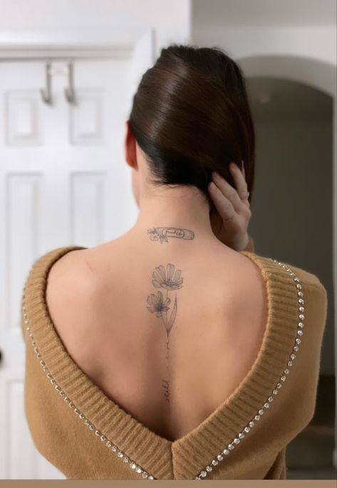 Short Spine Tattoos For Women, Dainty Spine Tattoo, Fine Tattoo, Tattoo Spine, Spine Tats, Meaning Art, Dainty Tattoo, Flower Spine Tattoos, October Birth Flowers