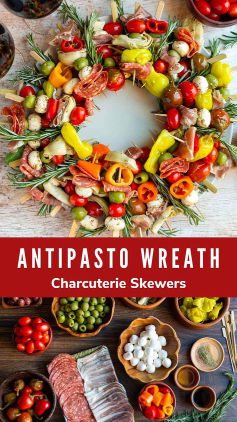 Kick off your holiday party with this festive low carb Italian Antipasto Wreath Charcuterie Skewers Christmas appetizer ! It’s an easy, make-ahead low carb grazing platter that doubles as a Christmas holiday table decoration. #antipasto #antipastowreath #christmasappetizer #lowcarbappetizer #easynobakeappetizer #Italianappetizer #skewers Wreath Charcuterie, Antipasto Wreath, Charcuterie Skewers, Low Carb Italian, How To Make Bruschetta, Holiday Catering, Grazing Platter, Toasted Crostini, Italian Antipasto