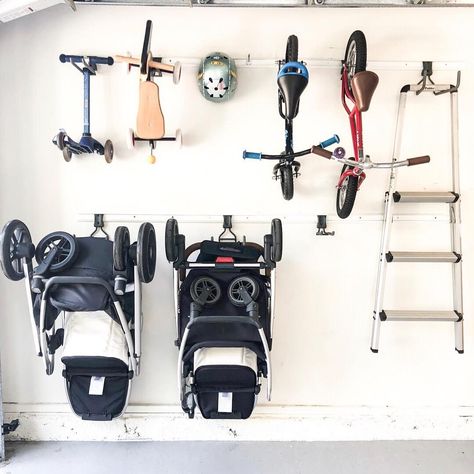 Life in Jeneral on Instagram: “Is there anything better than organizing a room to be able to see the floor?! 😍It's one of our favorite parts of the before and after.…” Stroller Organization, Organizing Garage, Organization Garage, Garage Tool Organization, Diy Organizer, Garage Organize, Garage Shed, Corner Storage, Garage Interior