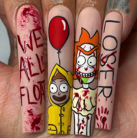 Fall Nail Designs Brown, Rick And Morty Nails, Nail Designs For 2023, Spongebob Nails, Rick E Morty, Nail Art Machine, Halloween Nail Art Designs, Horror Nails, Holloween Nails