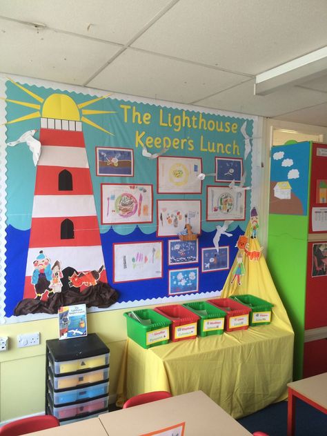 Lighthouse Keepers Lunch Display, The Lighthouse Keepers Lunch Activities, Lighthouse Keepers Lunch Activities, The Lighthouse Keepers Lunch, Jetty Jumping, Nursery Display Boards, Lighthouse Keepers Lunch, Ks1 Classroom, Nautical Classroom