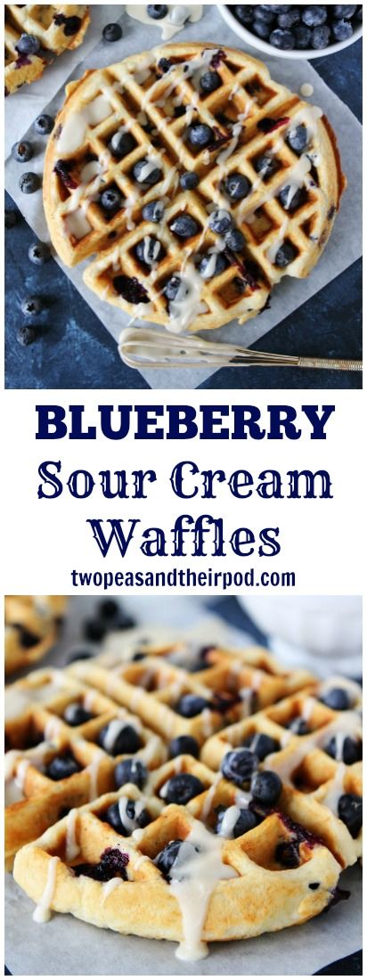 Blueberry Sour Cream Waffles These light and fluffy blueberry waffles are drizzled with a sweet maple glaze. They are a real breakfast treat! And they freeze beautifully! Wafel Recipes, Blueberry Waffle Recipe, Sour Cream Waffles, Recipes Waffles, Blueberry Waffles Recipe, Blueberry Waffle, Multicultural Recipes, Cream Pancakes, Waffle Iron Recipes