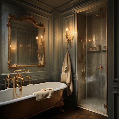 Parisian Bathroom Design - 22 Ways To Achieve An Elegant Aesthetic - Edward George French Interior Design Bathroom, Luxury Country Bathroom, Fireplace In Bathroom Ideas, Bathroom In Bedroom Ideas, Realistic Bathroom Ideas, French Colonial Style Interior, Moody Vintage Bathroom, Old Money Bathroom, En Suite Ideas