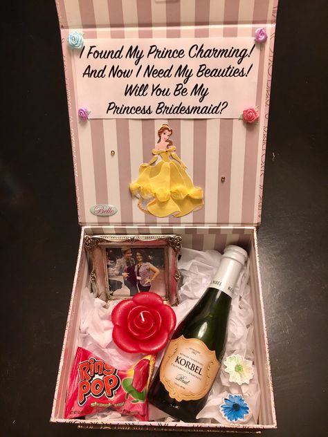 Disney Bridesmaid Boxes Disney Wedding Theme Ideas, Bridal Proposal Box Ideas, Proposal Box Ideas, Disney Bridesmaids, Beauty And The Beast Wedding Theme, Disney Engagement Rings, Bridal Proposal, Beauty And Beast Wedding, Disney Bachelorette