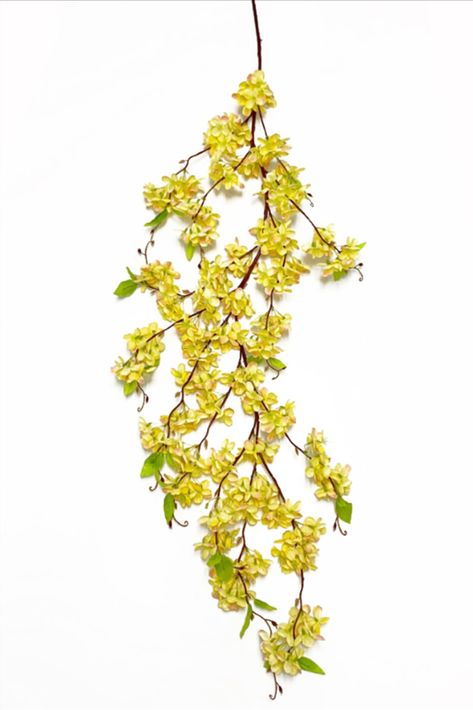 SHOP NOW! www.etsy.com/shop/bloomania • An abundance of flower blossoms scatter along this deluxe faux vine branch. Charming and simple, this garland is versatile for any display setting - tabletops, chairs, walls and more. Hang from the ceiling, wrap around arches and columns, or arrange with other plants and floral displays. Bendable vine and perfect accent for home, weddings and special events! Its realistic and fresh look is eye-catching and hard to miss! Forever fresh, no hassle. Yellow Hydrangea, Vine Garland, Blooming Garden, Floral Chandelier, Artificial Hydrangeas, Flower Spray, Event Flowers, Flowering Vines, Hydrangea Flower