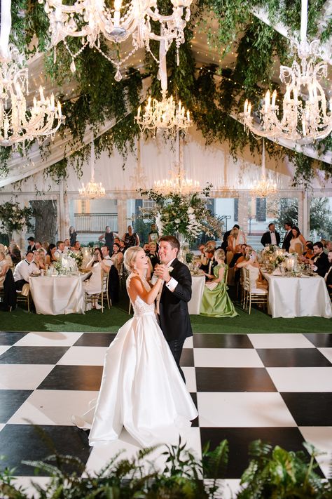 Glam Outdoor Wedding Reception, Wedding Reception Ideas Tent, Spring Bridal Colors, Clear Tent Wedding Reception Decor, Garden Wedding Tent Decor, Large Wedding Tent, Private Home Wedding, Black And White Dance Floor Wedding Tent, Winter Tent Wedding Reception