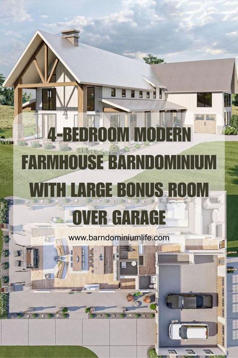 Explore this stunning 4-bedroom modern farmhouse barndominium, featuring a spacious bonus room over the garage. Ideal for modern living! Barndominium Modern Farmhouse, Simple 4 Bedroom Barndominium, 2 Story 4 Bedroom Barndominium, 4 Bedroom 3.5 Bath Barndominium, 4 Bedroom Barndominium With Loft, Barndominium Great Room Ideas, Simple Barndominium Ideas 4 Bedroom, 4 Bedroom Barndominium With Shop, 4 Bedroom Modern Farmhouse Plans