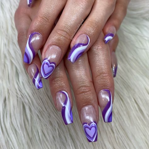 Purple And Red Valentines Nails, Purple Nails Valentines Day, Purple Vday Nails, Gelx Coffin, Valentines Nails Purple, Purple Nails Heart, Purple Glitter Nails Acrylic, Valentines Day Nails Purple, Purple Nails With Hearts