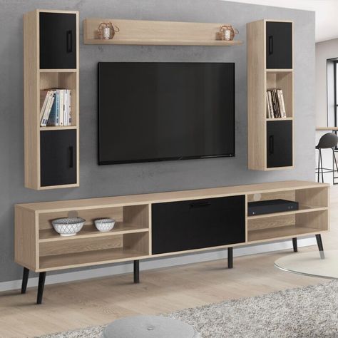 Mobilier d'intérieur > Meuble de salon > Meuble TV IDMARKET, Descriptif de l'ensemble meuble TV et étagères HOUSTON bois et noirHabillez votre salon avec classe grâce à notre ensemble meuble TV HOUSTON bois et noir. Il s'inscrit dans la tendance scandinave pour apporter un côté design et cosy à votre intérieur !Son style très actuel et ses coloris sobres et chaleureux se marieront facilement avec votre décoration tout en vous apportant une grande capacité de rangement.La partie basse, au plateau Tv Wall Shelves, Wooden Double Doors, Tv Unit Furniture Design, Tv Rack, Tv Unit Furniture, Tv Room Design, Wall Shelves Design, Shelf Design, Son Style