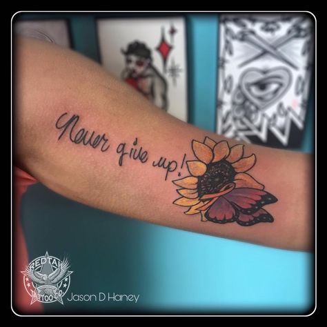 #MultipleSclerosis #Sunflower #Butterfly #Ribbon Yellow Ribbon Tattoos, Awareness Tattoo, Ribbon Tattoos, Yellow Butterfly, Sunflower, Ribbon, Tattoos