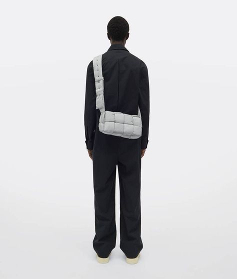 Bottega Veneta® Men's Padded Tech Cassette in Frost. Shop online now. Bottega Veneta Padded Cassette Bag, Padded Cassette Bag, Bottega Bag, Mens Winter Fashion Outfits, Winter Sunglasses, Bottega Veneta Cassette, Bottega Veneta Bag, Mens Photoshoot Poses, Man Pad