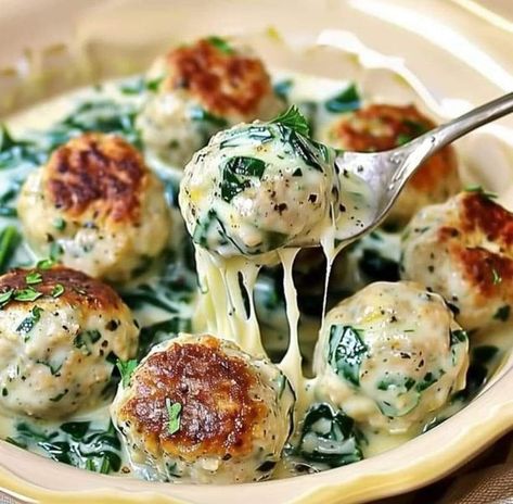 Gordon Ramsay Recipes 🍟🍜🍔🍕 | 𝗪𝗔𝗥𝗡𝗜𝗡𝗚  | Facebook Chicken Ricotta Meatballs, Spinach Alfredo Sauce, Chicken Ricotta, Ricotta Meatballs, Chicken Spinach Pasta, Spinach Alfredo, Gordon Ramsay Recipe, Grandma Cooking, Ina Garten Recipes