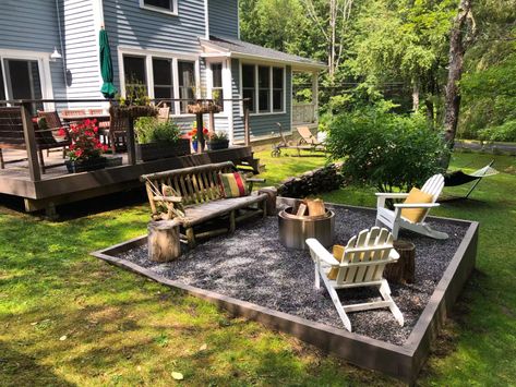 Fire Pit On A Slope, Large Yard Landscaping, Pea Gravel Patio, Bonfire Pits, How To Build A Fire Pit, Sloped Yard, Fire Pit Landscaping, Gravel Patio, Pea Gravel