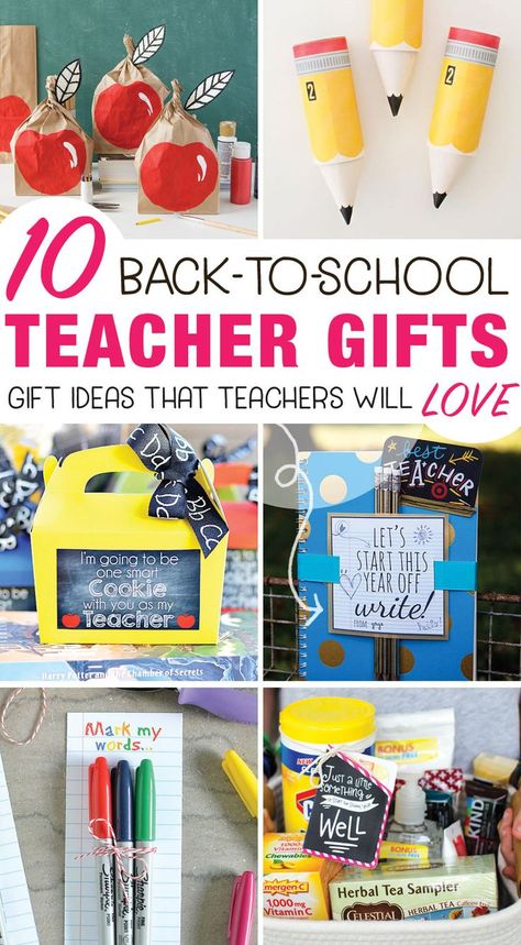 Back to school teacher gift ideas that teachers will love. This list of teacher gift ideas is the perfect mix of crafty, DIY, and practical teacher gifts. #backtoschool Back To School Teacher Gifts, Kindergarten Teacher Gifts, Teacher Gift Baskets, Teacher Treats, Preschool Teacher Gifts, Back To School Gifts For Teachers, Teacher Gift Ideas, Teacher Craft, Appreciation Ideas