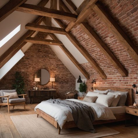 A cozy rustic attic bedroom with exposed brick walls, wooden beams, and a soft, warm color palette for a comfortable and charming space. #AtticBedroom #Rustic #ExposedBrick #WoodenBeams #WarmPalette Exposed Beam Bedroom, Bedroom With Exposed Beams, Exposed Brick Color Palette, Bedroom With Brick Accent Wall, Unfinished Attic Ideas, Red Brick Bedroom, Rustic Attic Bedroom, Exposed Brick Walls Bedroom, Exposed Beams Bedroom