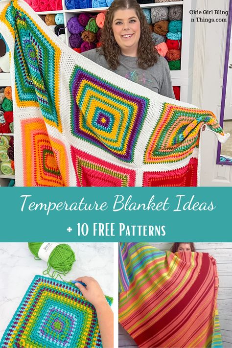 Temperature Blankets are a fun, year long project that you can either crochet or knit. You do 1 row every day in a color that corresponds with the temperature. At the end of the year, you will have a completed blanket that will represent that years weather. Year Blanket Crochet, Granny Square Temperature Blanket Crochet, Hexagon Temperature Blanket, Year Long Crochet Projects, Crochet Temperature Blanket Ideas, Temperature Blanket Ideas, Crochet Temperature Blanket, Chemo Caps Pattern, Okie Girl