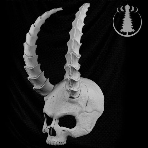 Horns For Cosplay, Simple Mask, Printable Mask, Skull With Horns, Skull Reference, Printable Masks, 3d Printing Art, 3d Skull, Skull Tattoo Design