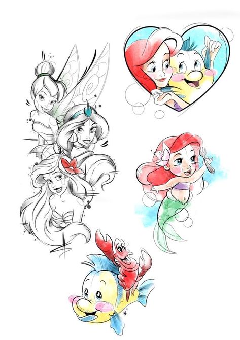 Watercolor Disney Tattoo, Disney Character Tattoos, Tattoo Disney Princess, Disney Flashsheets Tattoo, Disney Tattoo Flash, Disney Flash Tattoo, Flash Tattoo Disney, Princess Jasmine Tattoo, Disney Tattoos Unique