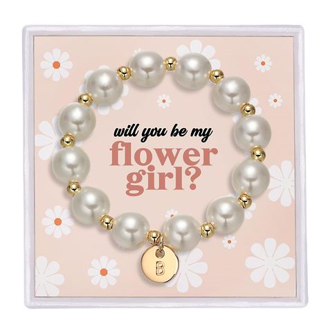 PRICES MAY VARY. Flower girl Bracelet: Flower Girl Bracelets personalized with her monogram initial make a pretty gift for any little girl in your bridal party. Thank them for being your flower girl! Meaningful Gifts: The perfect flower girl thank you gift, you can give him to the flower girl individually or put him in a flower girl gift box to show your appreciation for them! High Quality Material: The imitation pearls made of high quality raw materials are very lightweight and comfortable, and Coworker Holiday Gifts, Flower Girl Proposal, Flower Girl Jewelry, Easy Wedding Planning, Toddler Flower Girls, Flower Girl Bracelets, Box Gifts, Bridesmaid Gift Boxes, Bridesmaid Box