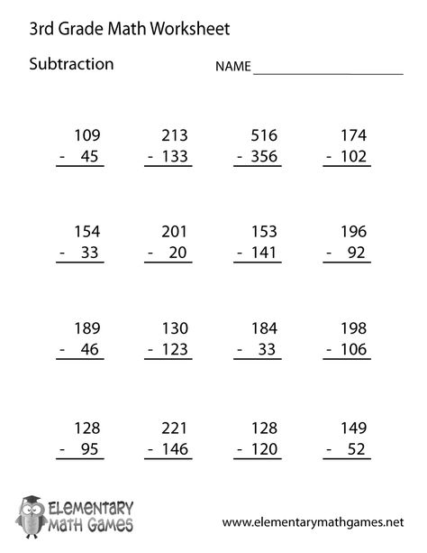 Third Grade Subtraction Worksheet Printable Math Subtraction Worksheets, Third Grade Math Worksheets, Math Fact Worksheets, Math Practice Worksheets, Free Printable Math Worksheets, Math Subtraction, 3rd Grade Math Worksheets, Math Sheets, Addition And Subtraction Worksheets