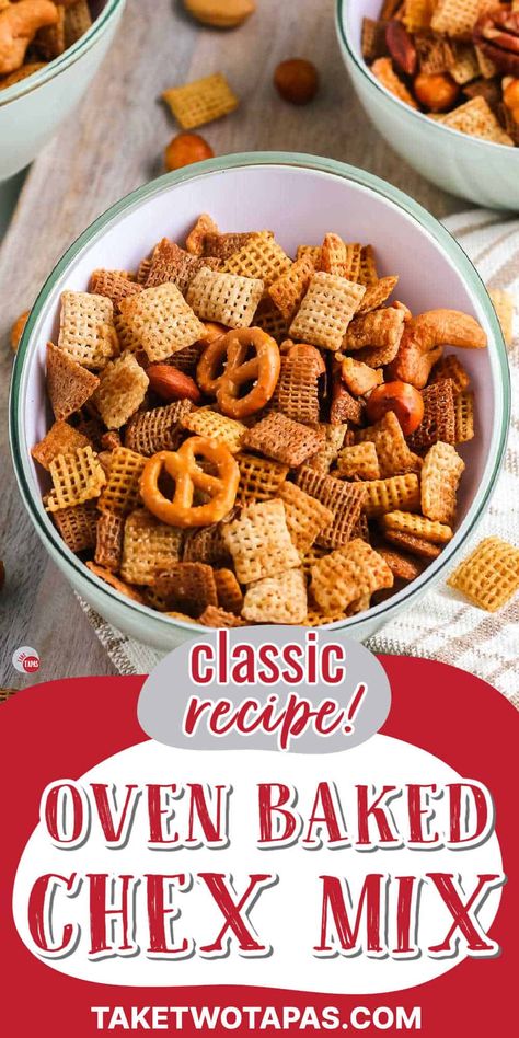 Chex party mix is always a crowd favorite! Full of crispy cereal, salty pretzels, hearty nuts, and coated in a homemade sauce with the right blend of spices. #chexmix #partyfood #snackideas Roasted Chex Mix Recipes, Chec Mix Recipe Snacks Chex Cereal, Homemade Chex Mix Recipe Oven, Chec Mix Recipe, Party Mix Recipe Homemade, Best Chex Mix Recipe, Chex Cereal Recipes, Original Chex Mix, Homemade Chex Mix Recipe