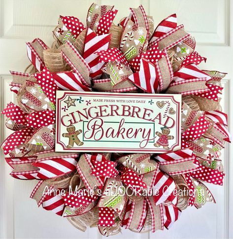 Super cute gingerbread bakery wreath. Measures approx 22- 23" wide. MDF Gingerbread bakery sign accented with multiple wired ribbon on burlap deco mesh.  Smoke free home I do not mass produce my wreaths. Every wreath is hand-made by me in my home studio located in Boardman, OH. Your wreath is made when ordered and processed in the order that I receive them.  👀 👀 👀 All wreaths are secured in a large box to protect from damage to avoid movement as well as largely inflated shipping rates. Every Gingerbread House Wreaths, Christmas Gingerbread Wreath, Gingerbread Mesh Wreath, Christmas Deco Mesh Wreaths, Halloween Swags, Mesh Angels, Gingerbread Christmas Wreath, Diy Christmas Deco, Diy Deco Mesh Wreath