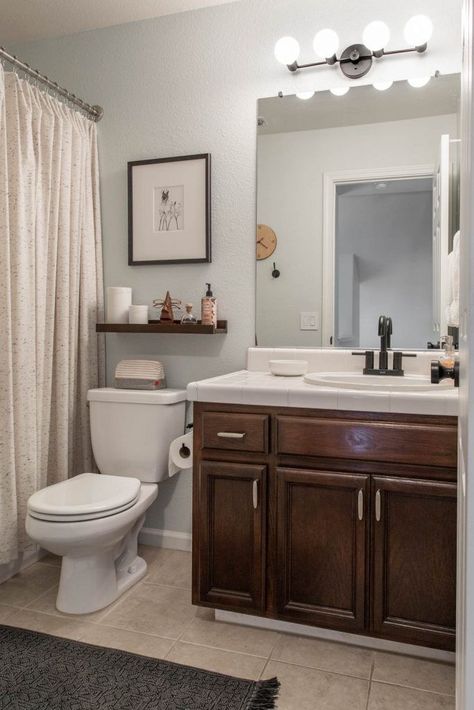 Bathroom With Cherry Wood Cabinets, Guest Bathroom Brown Cabinets, Brown Neutral Bathroom, Small Bathroom With Dark Cabinets, Bathrooms With Dark Brown Cabinets, Small Bathroom Dark Cabinets, Dark Wood Bathroom Ideas, Bathroom Decor Dark Cabinets, Dark Wood Cabinets Bathroom