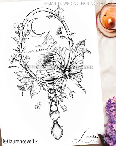 Vintage Mirror Tattoo, Tropisches Tattoo, Mirror Tattoo, Mirror Tattoos, Mirror Drawings, Easy Doodles, Sleeve Ideas, Doodles Drawings, Floral Tattoo Design