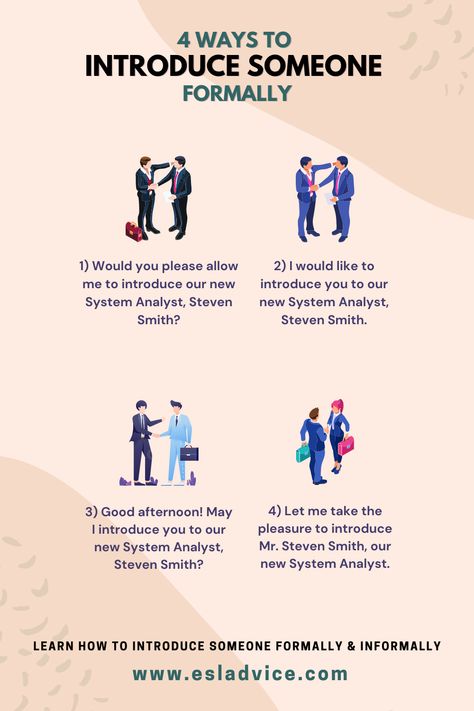 In social, academic, or business contexts, you frequently meet new people. Very often, you are introduced to unknown people by someone who is already known to you. Certainly, you also need to introduce other people who are unknown to your family members, friends, colleagues, and the like. When you are in a formal setting, your behavior, activities, and even your language require you to follow some conventions that are considered formal. Behavior Activities, Practice English Grammar, Peter Robinson, Formal Language, Types Of Relationships, Hr Management, Meet New People, Sales Manager, Formal Casual