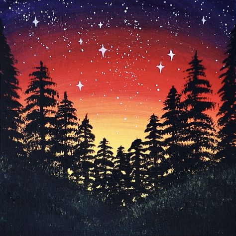 At Home Paint Night Ideas, Paint Night Ideas Step By Step, Night Landscape Painting, Starry Night Landscape, Night Acrylic Painting, Paint Parties, Paint Nite, Cd Art, Family Painting