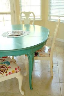 The Sassy Pepper: From Sorta Scary to Super Cute Refurbished Table, Fun Cushions, Table Redo, Turquoise Table, Revere Pewter, White Kitchens, Chalk Painting, Chair Makeover, White Chair