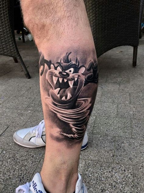 Taz Tattoo Design, Looney Toons Tattoo, Tazmanian Devil Tattoo, Cartoon Tattoos For Men, Looney Tunes Tattoo, Calves Tattoo, Upper Arm Tattoos For Guys, Taz Tattoo