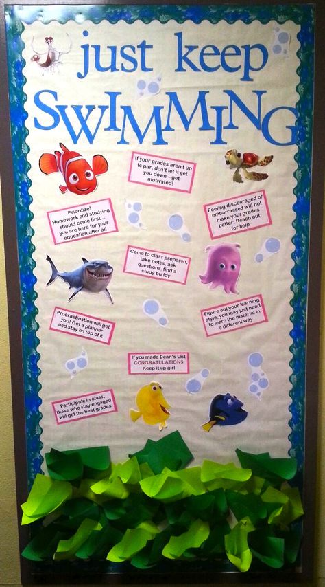 Just Keep Swimming Just Keep Swimming Bulletin Board, Swim Team Bulletin Board, Residence Life Bulletin Boards, Ra Decorations, Pe Board, College Bulletin Boards, Ra Themes, Senior Things, Resident Advisor