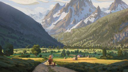 anime, mountains, landscape, painting, canyon, snow covered, dog | 1920x1080 Wallpaper - wallhaven.cc Painting Wallpapers, Painting Backgrounds, Macbook 15 Inch, Anime Landscape, Mountain Artwork, Mountain Drawing, Anime Head, Desktop Wallpaper Art, Mountains Landscape