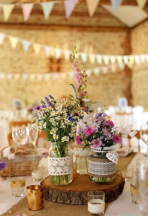 Uk Spring Wedding, Jam Jar Wedding, Wedding Table Styling, Jam Jar Flowers, Barn Wedding Centerpieces, Jar Flowers, Wedding Centerpieces Mason Jars, Beautiful Wedding Centerpiece, Cottage Flowers